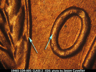 Die-stage A marker on 1946S•1DR•005 (1946 Doubled Die Reverse).