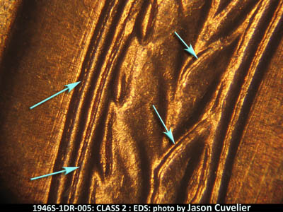 Die-stage A marker on 1946S•1DR•005 (1946 Doubled Die Reverse).