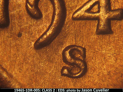 Die-stage A marker on 1946S•1DR•005 (1946 Doubled Die Reverse).