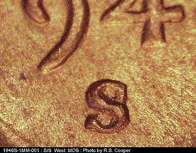 1946 Lincoln cent obverse, CopperCoins die 1946S•1MM•001.