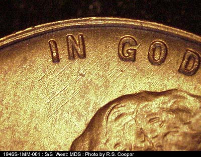 Die-stage B marker on 1946S•1MM•001 (1946 Repunched Mint Mark).