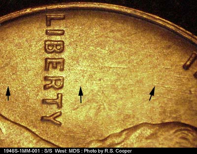 Die-stage B marker on 1946S•1MM•001 (1946 Repunched Mint Mark).