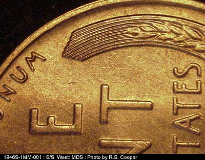 Die-stage B marker on 1946S•1MM•001 (1946 Repunched Mint Mark).