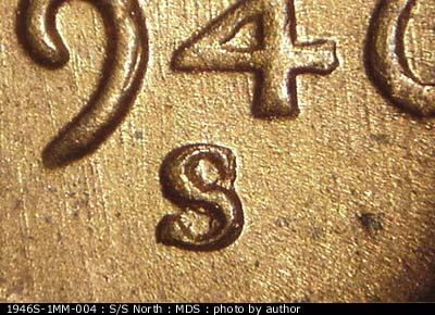 1946 Lincoln cent obverse, CopperCoins die 1946S•1MM•004.