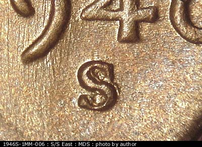 1946 Lincoln cent obverse, CopperCoins die 1946S•1MM•006.