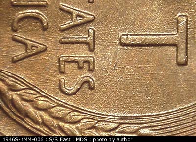Die-stage B marker on 1946S•1MM•006 (1946 Repunched Mint Mark).