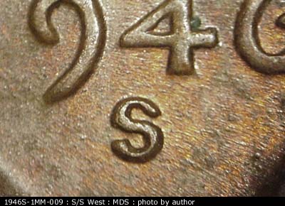 1946 Lincoln cent obverse, CopperCoins die 1946S•1MM•009.