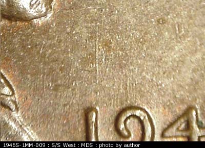 Die-stage B marker on 1946S•1MM•009 (1946 Repunched Mint Mark).