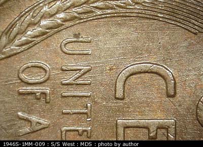 Die-stage B marker on 1946S•1MM•009 (1946 Repunched Mint Mark).