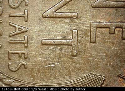 Die-stage B marker on 1946S•1MM•009 (1946 Repunched Mint Mark).