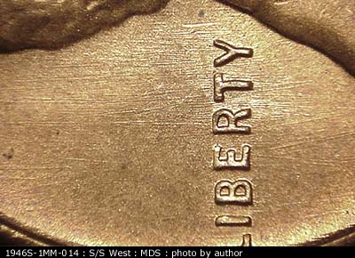 Die-stage B marker on 1946S•1MM•014 (1946 Repunched Mint Mark).