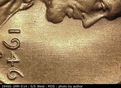 Die-stage B marker on 1946S•1MM•014 (1946 Repunched Mint Mark).