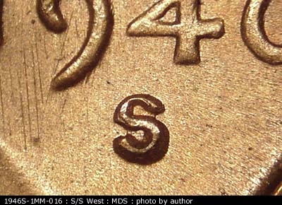1946 Lincoln cent obverse, CopperCoins die 1946S•1MM•016.