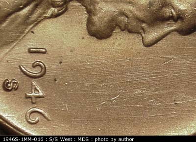 Die-stage B marker on 1946S•1MM•016 (1946 Repunched Mint Mark).