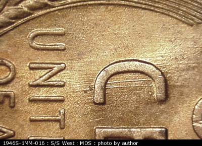 Die-stage B marker on 1946S•1MM•016 (1946 Repunched Mint Mark).
