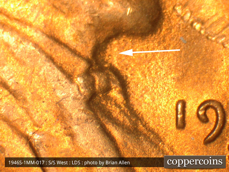 Die-stage C marker on 1946S•1MM•017 (1946 Repunched Mint Mark).