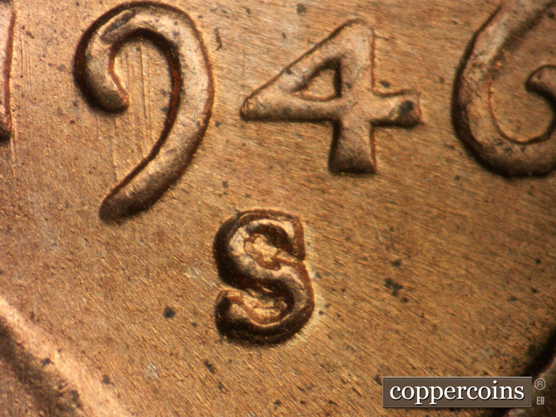 1946 Lincoln cent obverse, CopperCoins die 1946S•1MM•020.