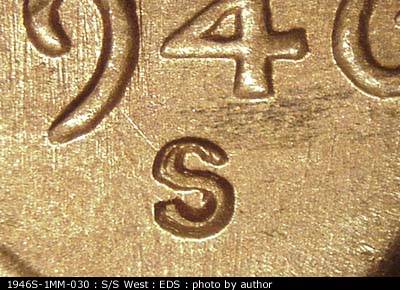 Die-stage A marker on 1946S•1MM•030 (1946 Repunched Mint Mark).