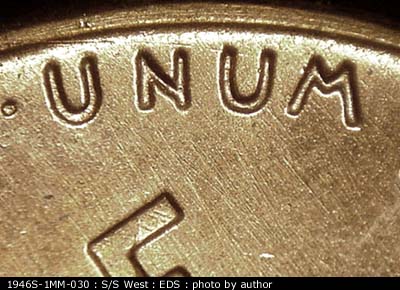 Die-stage A marker on 1946S•1MM•030 (1946 Repunched Mint Mark).