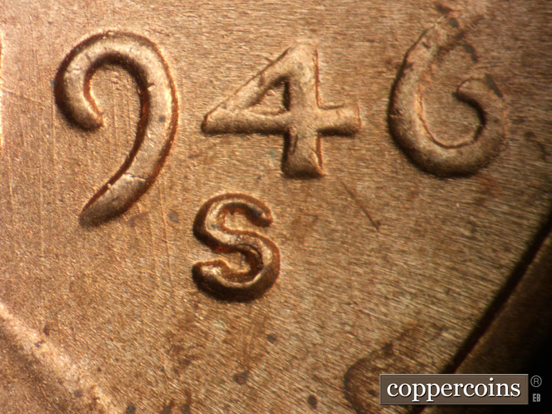 1946 Lincoln cent obverse, CopperCoins die 1946S•1MM•032.