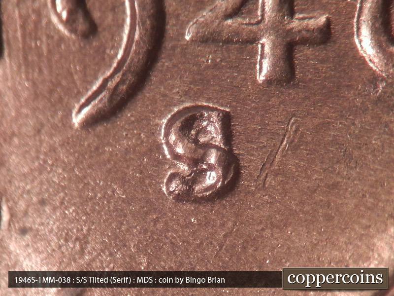 1946 Lincoln cent obverse, CopperCoins die 1946S•1MM•038.