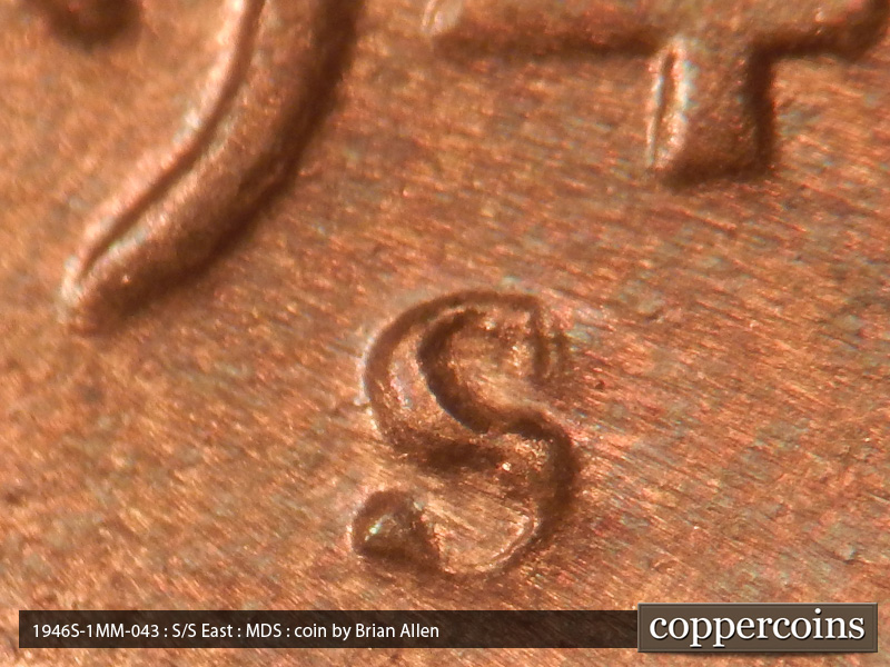 1946 Lincoln cent obverse, CopperCoins die 1946S•1MM•043.