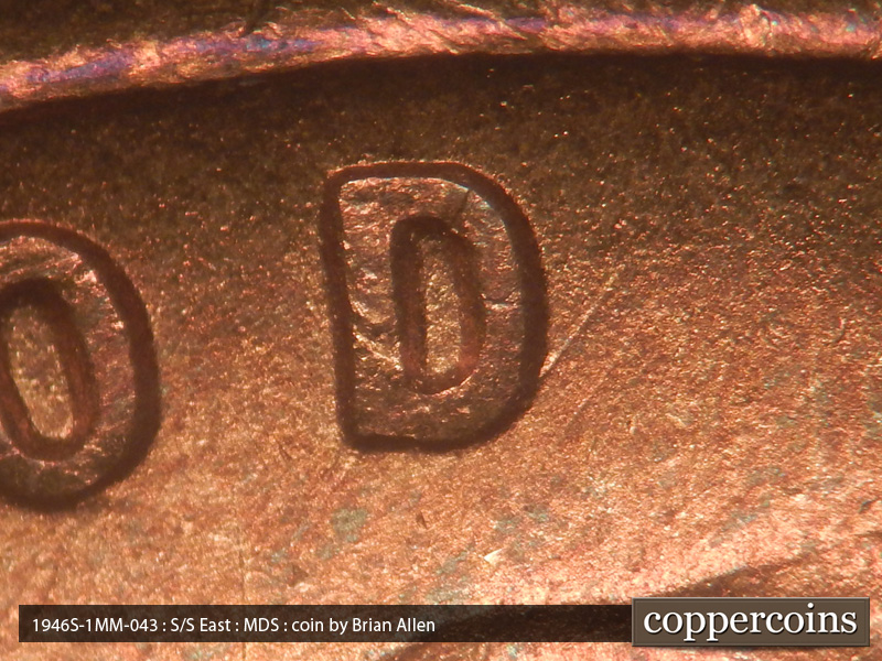 Die-stage B marker on 1946S•1MM•043 (1946 Repunched Mint Mark).