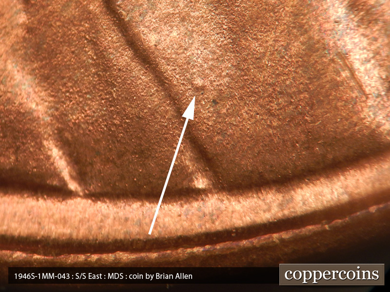 Die-stage B marker on 1946S•1MM•043 (1946 Repunched Mint Mark).