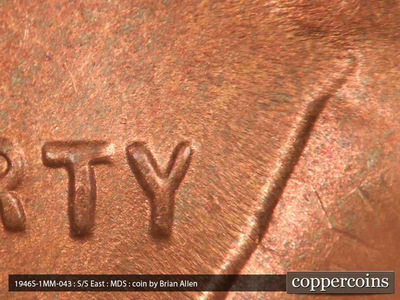 Die-stage B marker on 1946S•1MM•043 (1946 Repunched Mint Mark).