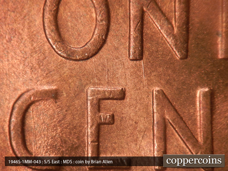 Die-stage B marker on 1946S•1MM•043 (1946 Repunched Mint Mark).