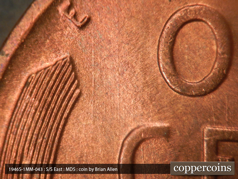 Die-stage B marker on 1946S•1MM•043 (1946 Repunched Mint Mark).