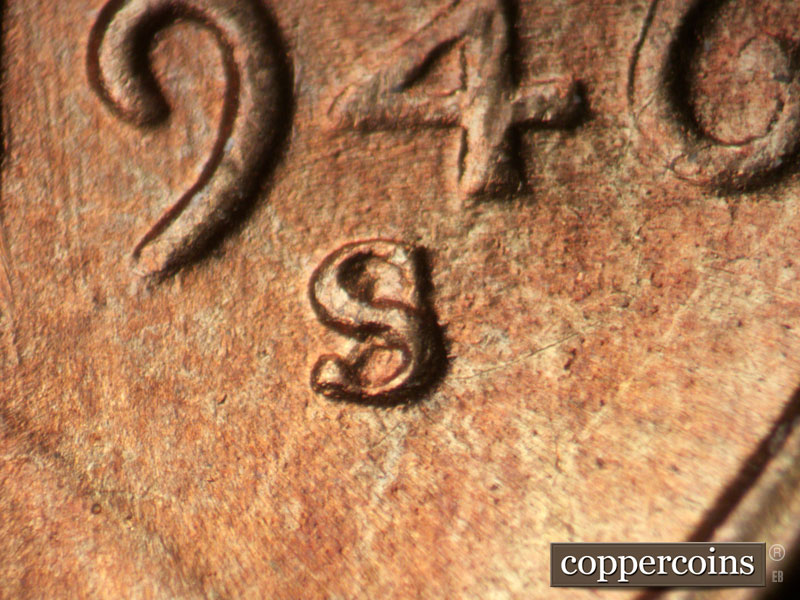 1946 Lincoln cent obverse, CopperCoins die 1946S•1MM•050.