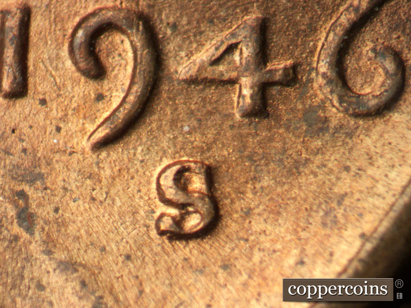 1946 Lincoln cent obverse, CopperCoins die 1946S•1MM•053.