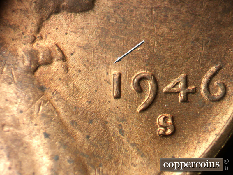 Die-stage B marker on 1946S•1MM•053 (1946 Repunched Mint Mark).