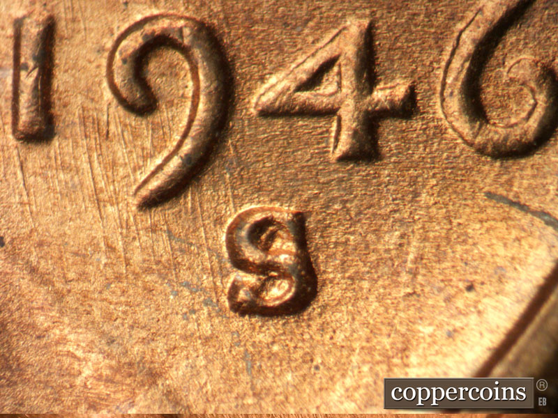 1946 Lincoln cent obverse, CopperCoins die 1946S•1MM•054.
