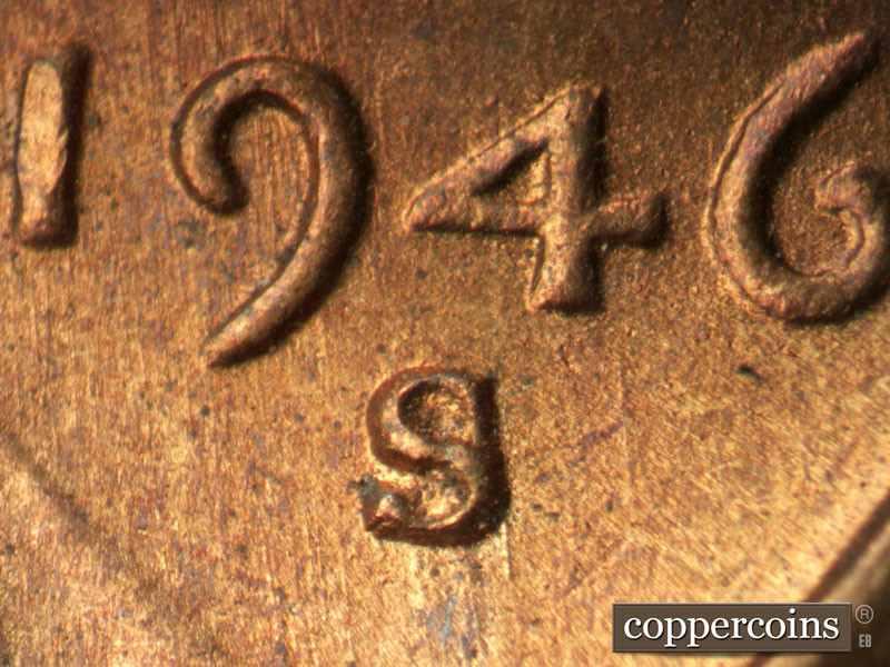 1946 Lincoln cent obverse, CopperCoins die 1946S•1MM•056.