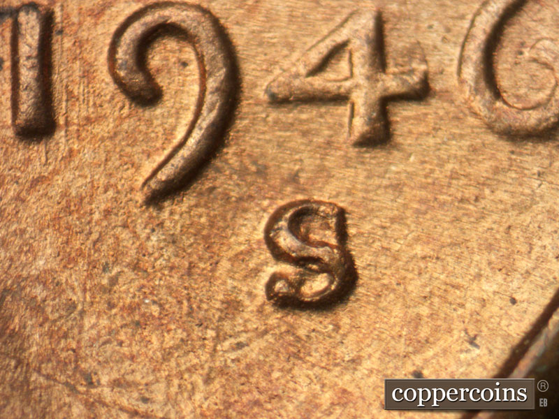1946 Lincoln cent obverse, CopperCoins die 1946S•1MM•060.