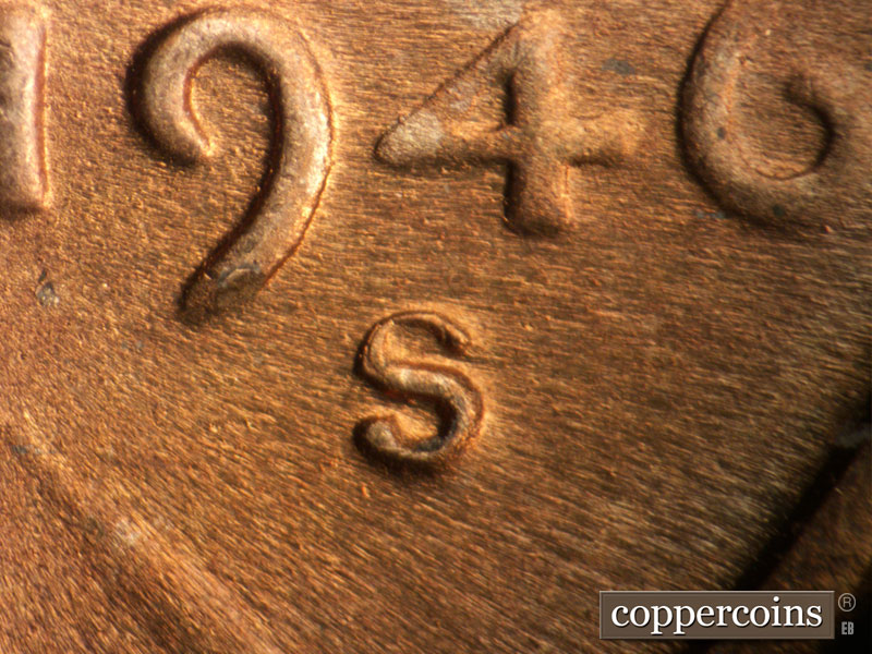 1946 Lincoln cent obverse, CopperCoins die 1946S•1MM•064.