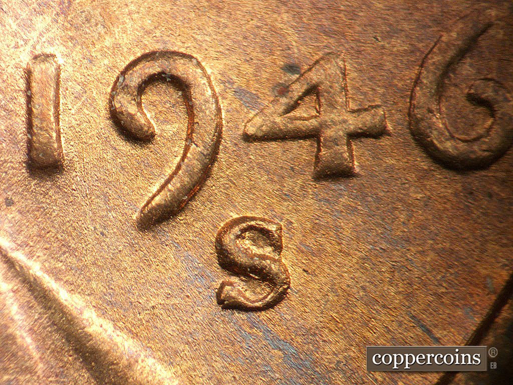 Die-stage A marker on 1946S•1MM•076 showing Closeup of repunched mintmark.
