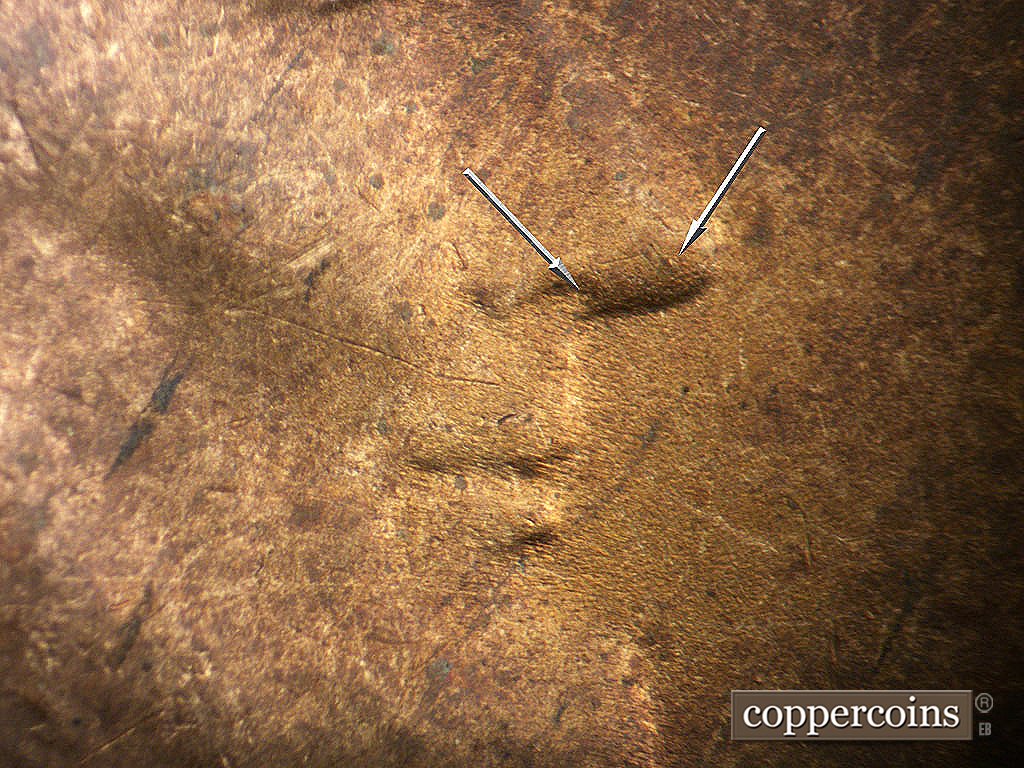 Die-stage C marker on 1946S•1MM•076 showing Small die dots on nose and nostril.
