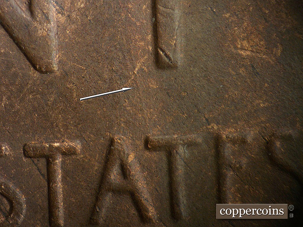 Die-stage C marker on 1946S•1MM•076 showing Worn NNW die scratch from second T in STATES.