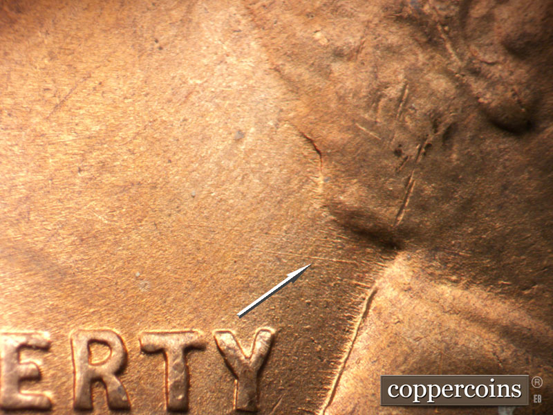 Die-stage B marker on 1947D•1DO•002 (1947 Doubled Die Obverse).