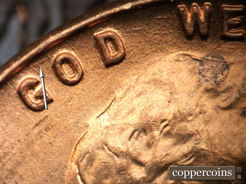 Die-stage B marker on 1947D•1DO•002 (1947 Doubled Die Obverse).