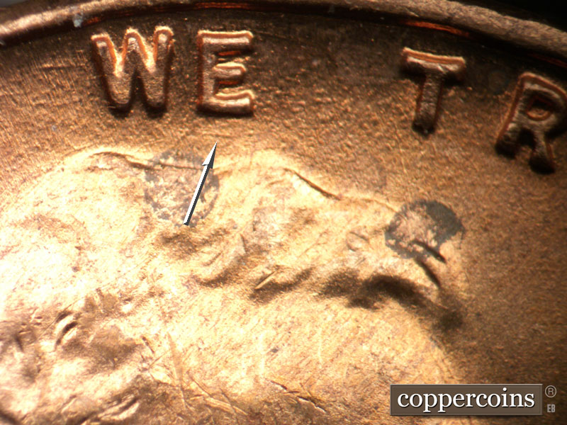 Die-stage B marker on 1947D•1DO•002 (1947 Doubled Die Obverse).