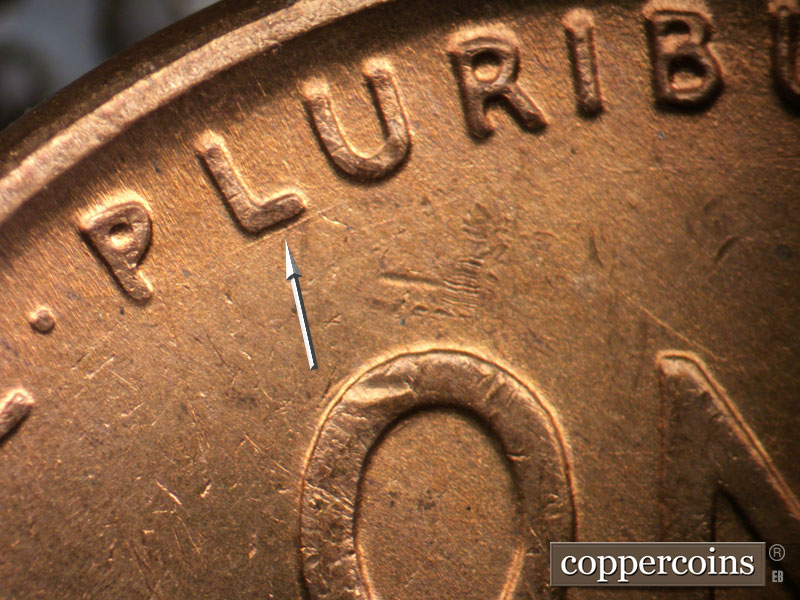 Die-stage B marker on 1947D•1DO•002 (1947 Doubled Die Obverse).