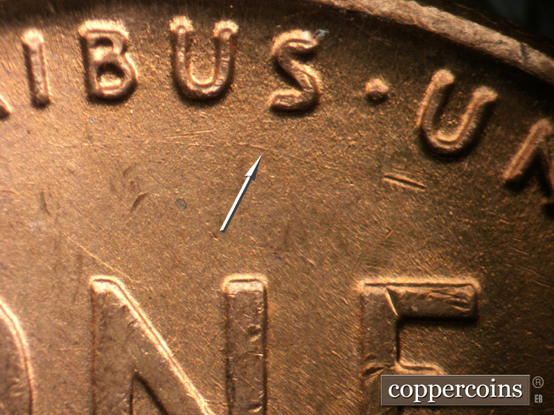 Die-stage B marker on 1947D•1DO•002 (1947 Doubled Die Obverse).