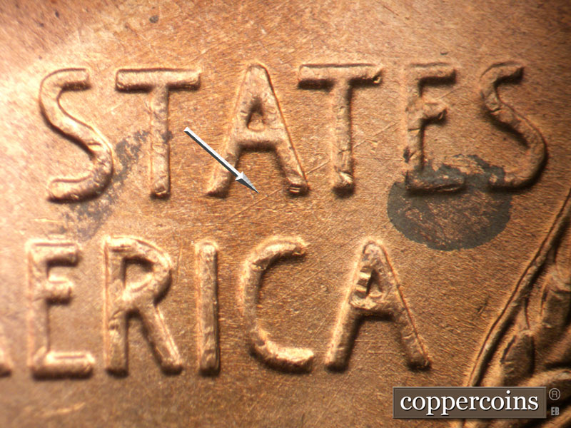Die-stage B marker on 1947D•1DO•002 (1947 Doubled Die Obverse).