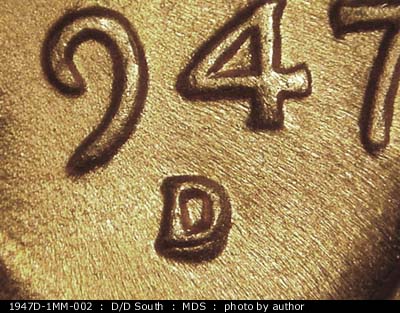 1947 Lincoln cent obverse, CopperCoins die 1947D•1MM•002.