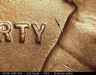 Die-stage B marker on 1947D•1MM•002 (1947 Repunched Mint Mark).