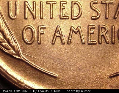 Die-stage B marker on 1947D•1MM•002 (1947 Repunched Mint Mark).